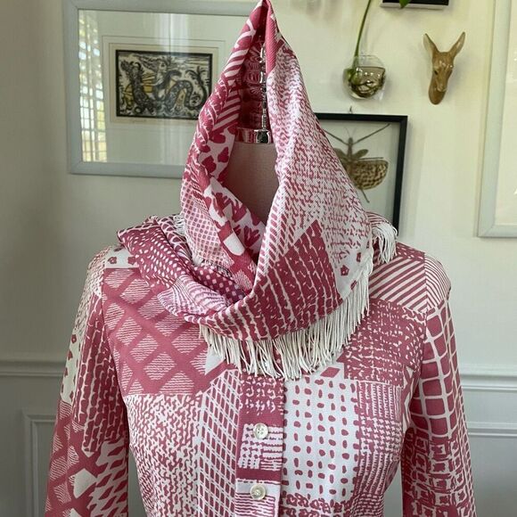 Vintage 70s Mauve Pink White Retro Print Shift Dress Scarf XS S - Picture 2 of 10